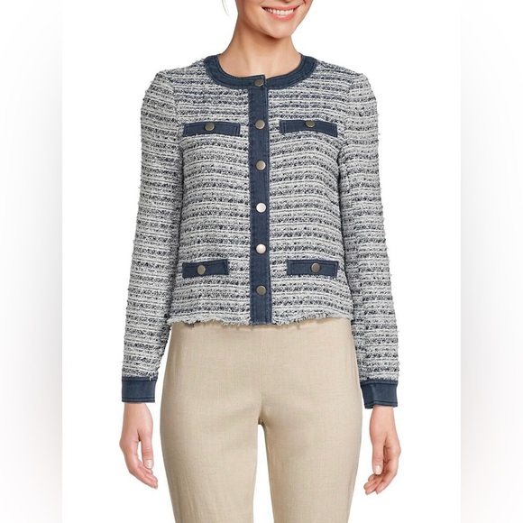 ecru Jackets & Blazers - NWT Ecru Tweed-Denim Cropped Jacket, Size PL Color Blue-Khaki Tweed